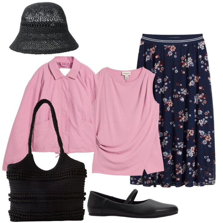 Outfit donna - Pratica per le vie del centro. Stile Glamour per Tutti i giorni. Abbinamento con ballerine, shopping bag, bomber, top, gonne longuette, cappelli.