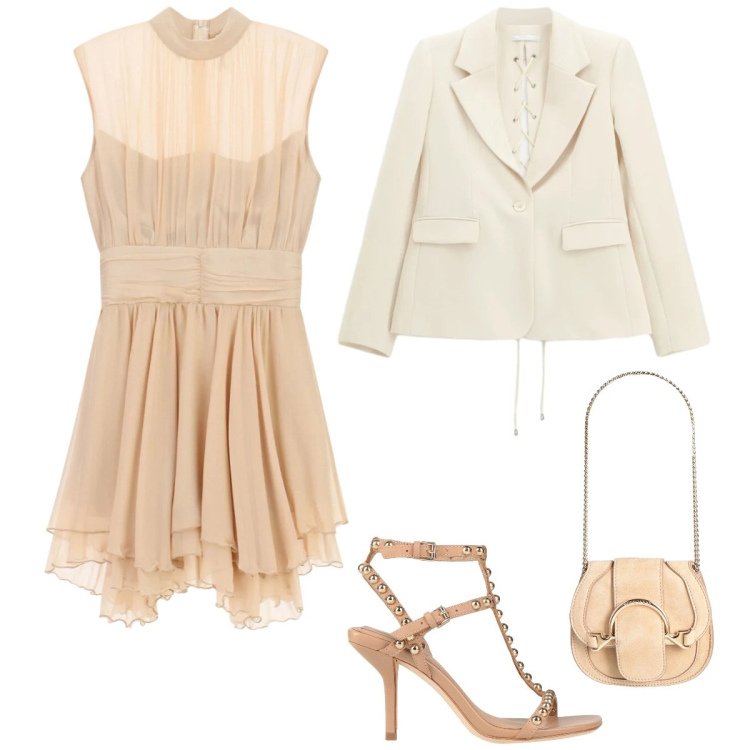 Outfit donna - Total look #2388927. Stile Romantica per Cerimonia. Abbinamento con marsupi, sandali in pelle, blazer, vestiti corti.