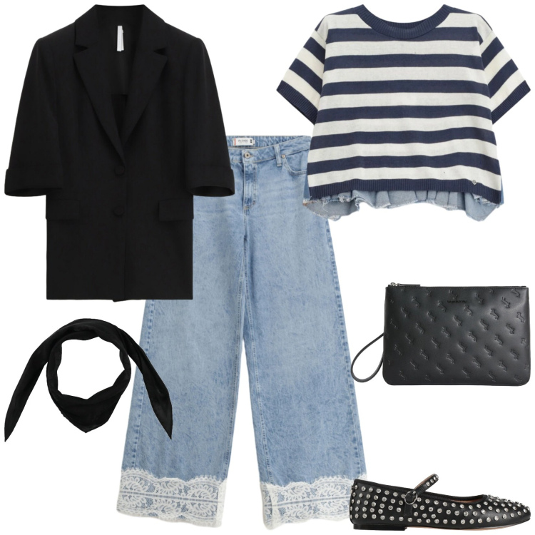 Outfit donna - Total look #2388929. Stile Trendy per Tutti i giorni. Abbinamento con sciarpe, ballerine, blazer, jeans, t-shirt, anelli.