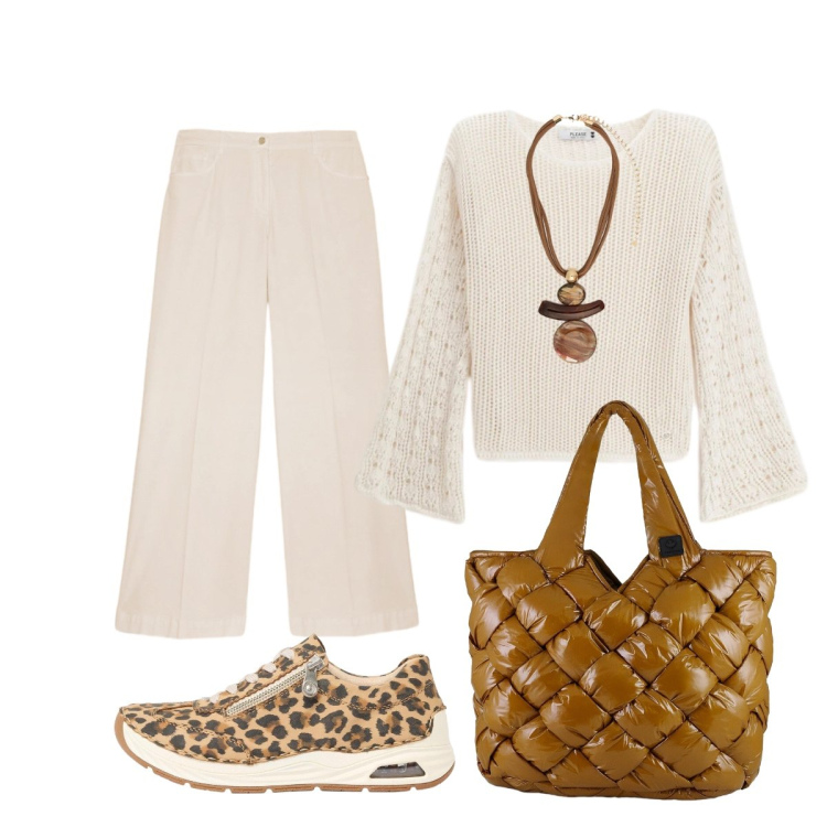 Outfit donna - Chic rilassato. Stile Chic per Tutti i giorni. Abbinamento con sneakers, ciondoli, pantaloni a palazzo, maglieria, borse tote.