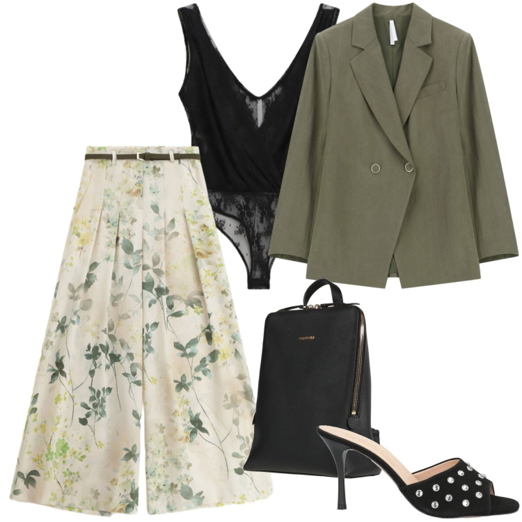 Outfit donna - Sandali con tocco glam. Stile Chic per Tutti i giorni. Abbinamento con zaini, sandali in pelle, top, pantaloni a palazzo, blazer.