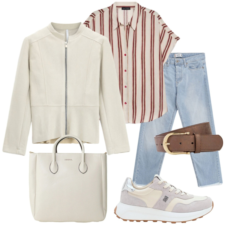Outfit donna - Total look #2388935. Stile Trendy per Tutti i giorni. Abbinamento con cinture, borse a tracolla, blazer, sneakers, camicie a manica corta, jeans.