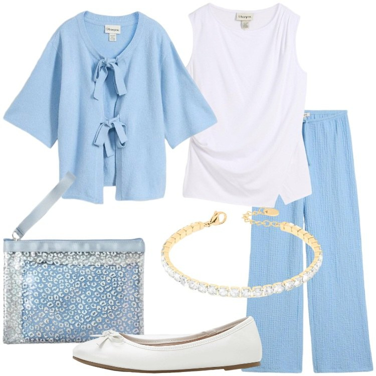 Outfit donna - Eleganza leggera - Focus Donna Curvy. Stile Romantica per Tutti i giorni. Abbinamento con pantaloni, top, cardigans, ballerine, pochette, braccialetti.