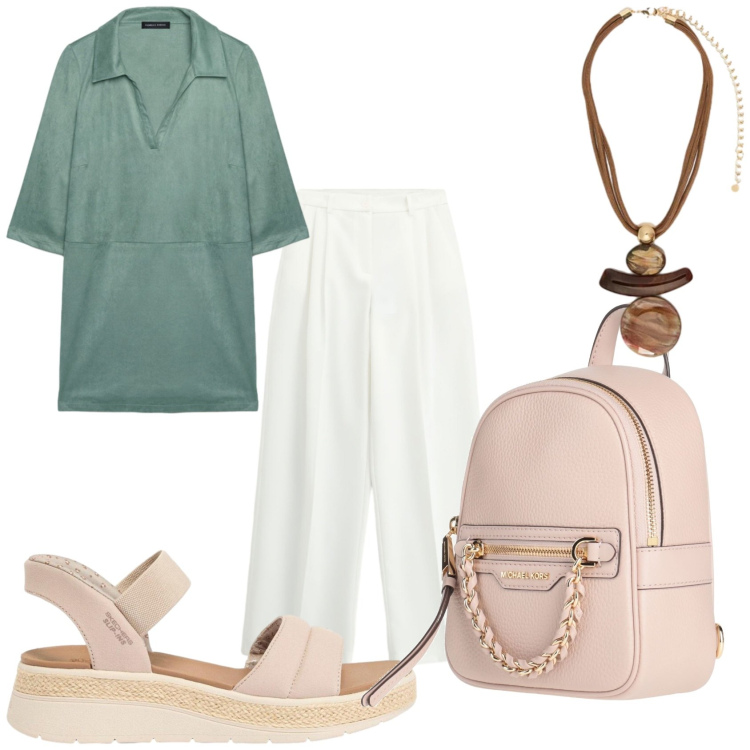 Outfit donna - Maggio che mi metto. Stile Casual chic per Tutti i giorni. Abbinamento con zaini, sandali, vestiti corti, ciondoli, pantaloni a palazzo.