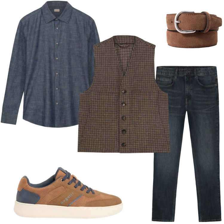 Outfit uomo - Urban primaverile. Stile Urban per Tutti i giorni. Abbinamento con sneakers, gilet, camicie, cinture, jeans.