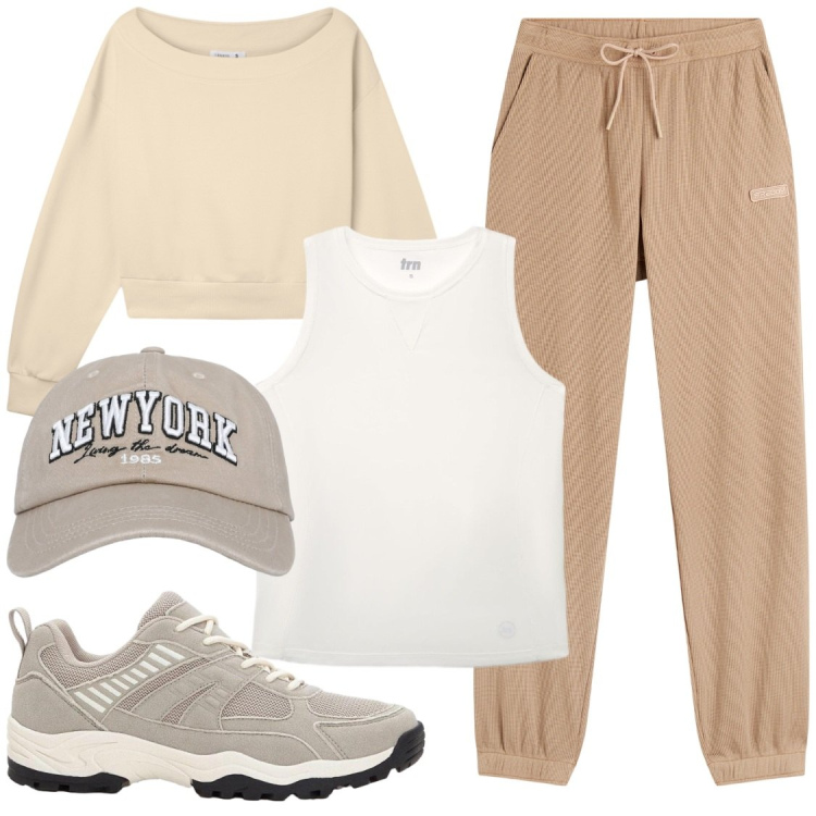 Outfit donna - ​Beige Comfort: Urban Relax. Stile Sporty chic per Tutti i giorni. Abbinamento con sneakers, cappelli con visiera, felpe, top sportivi, pantaloni sportivi.