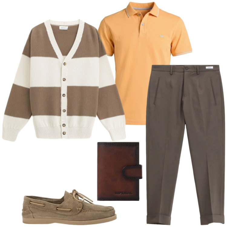 Outfit uomo - Total look #2388949. Stile Trendy per Serata speciale. Abbinamento con pantaloni, cardigans, portafogli, polo, scarpe stringate.