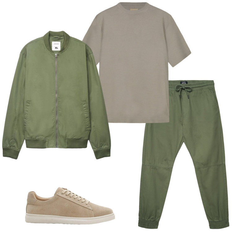 Outfit uomo - Aprile. Stile Urban per Tutti i giorni. Abbinamento con sneakers, bomber, pantaloni, t-shirt.