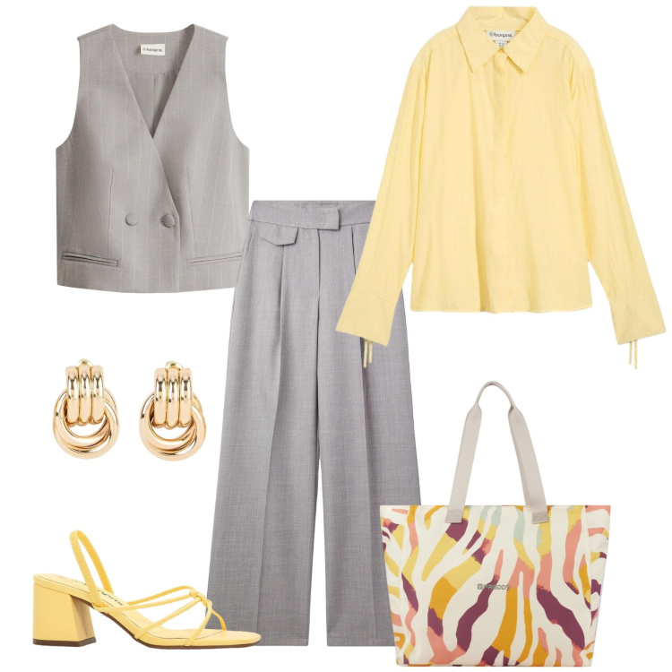 Outfit donna - Total look #2388952. Stile Casual chic per Ufficio. Abbinamento con camicie, sandali col tacco, orecchini, gilet, pantaloni, shopping bag.