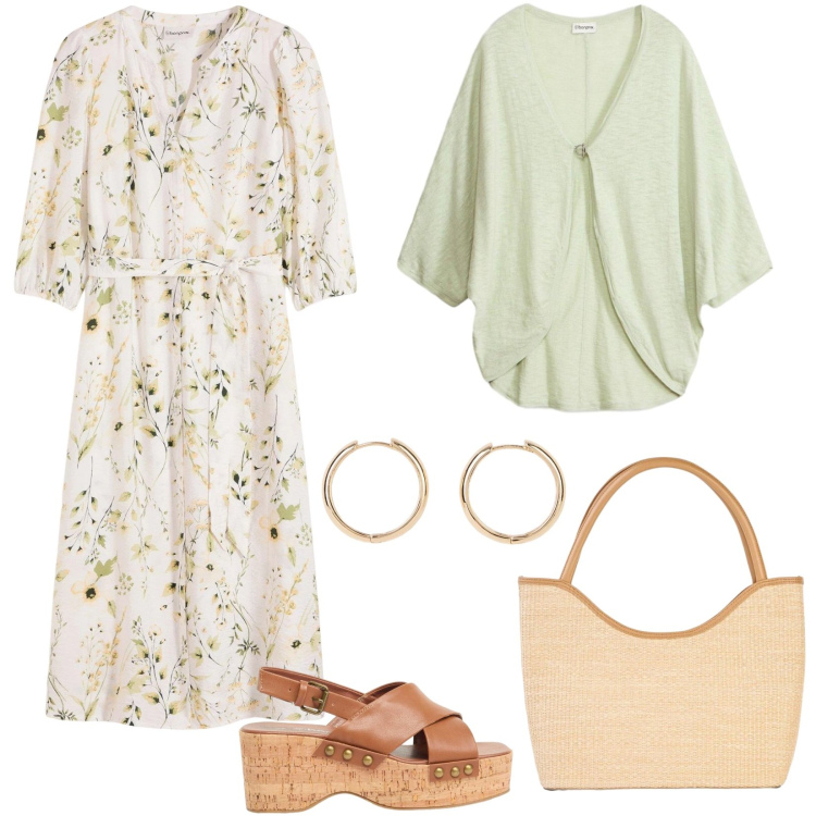 Outfit donna - Boho spring vibes. Stile Boho per Tutti i giorni. Abbinamento con vestiti, cardigans, shopping bag, orecchini, zeppe.