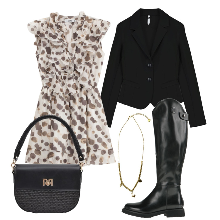 Outfit donna - Aprile. Stile Trendy per Tutti i giorni. Abbinamento con stivali, vestiti lunghi, blazer, borse a spalla, ciondoli.