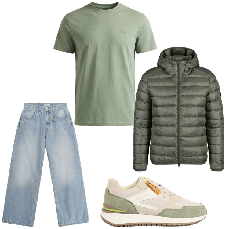 Outfit uomo - Passeggiata ventosa. Stile Trendy per Tutti i giorni. Abbinamento con sneakers, jeans, t-shirt, giacche.