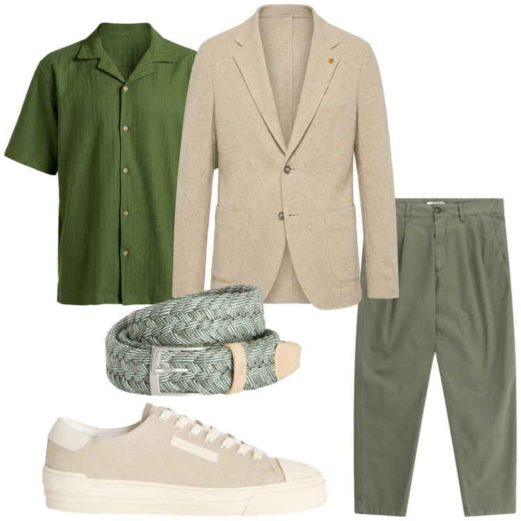 Outfit uomo - Toni primaverili. Stile Casual per Tutti i giorni. Abbinamento con pantaloni, sneakers, camicie a manica corta, cinture, giacche.