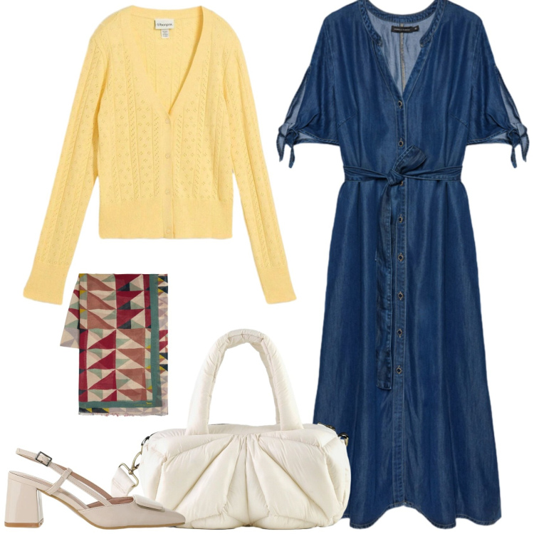 Outfit donna - Leggerezza. Stile Casual per Ufficio. Abbinamento con cardigans, décolleté, vestiti chemisier, sciarpe, borse a mano.