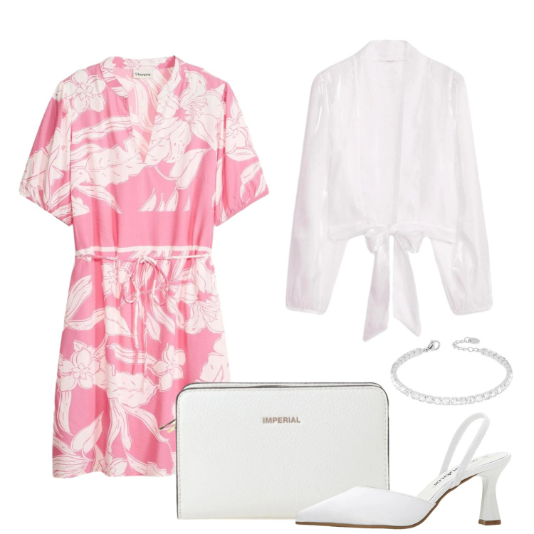 Outfit donna - Fantasia floreale. Stile Bon Ton per Tutti i giorni. Abbinamento con décolleté, bolero, vestiti, borse a tracolla, braccialetti.