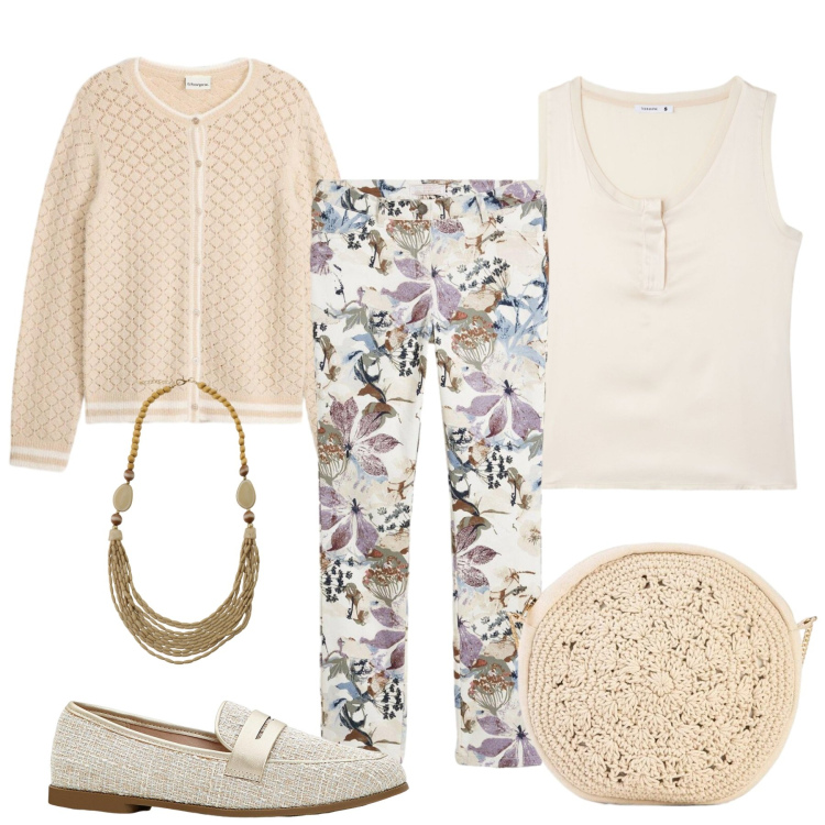 Outfit donna - Boho chic. Stile Boho per Tutti i giorni. Abbinamento con mocassini, cardigans, pantaloni, borse a tracolla, canottiere, collane.
