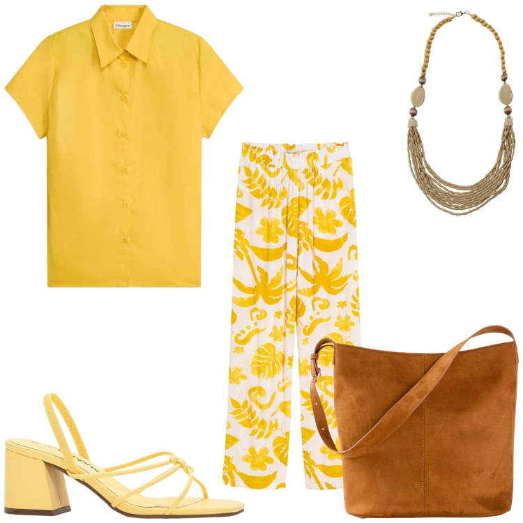 Outfit donna - Solare. Stile Casual chic per Tutti i giorni. Abbinamento con pantaloni, sandali col tacco, borse a mano, camicie a manica corta, collane.