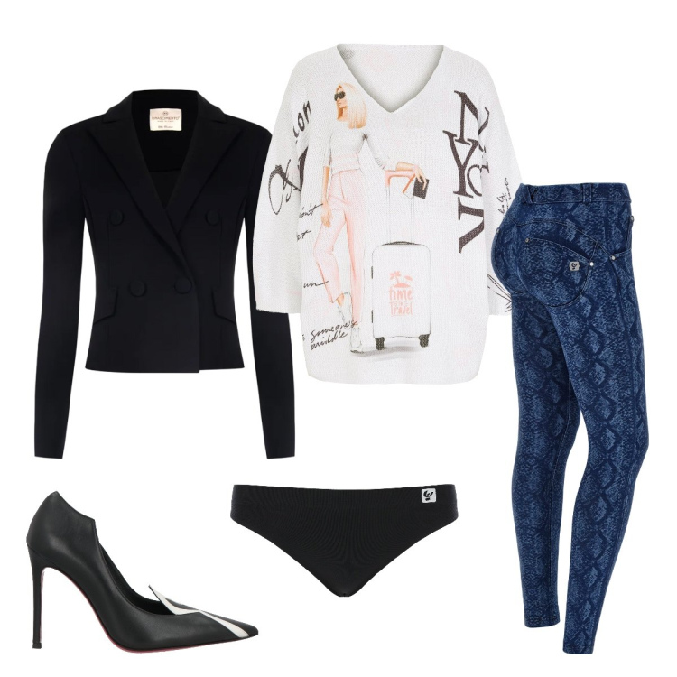 Outfit donna - Jeans pitonato per la primavera. Stile Basic per Tutti i giorni. Abbinamento con décolleté, maglieria, blazer, culotte, jeans skinny.