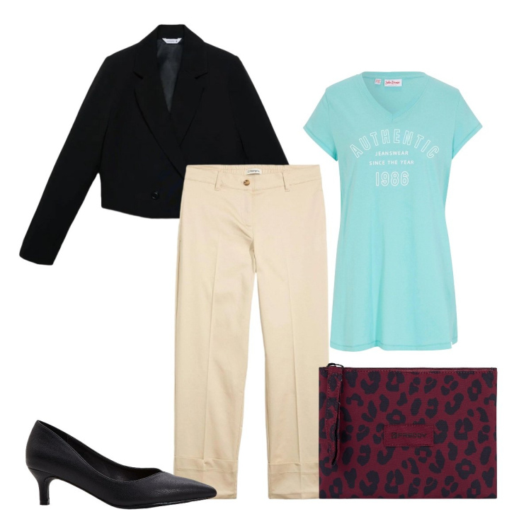 Outfit donna - Elegante tutti i giorni. Stile Bon Ton per Tutti i giorni. Abbinamento con pantaloni chino, maglieria, décolleté, blazer, clutch.