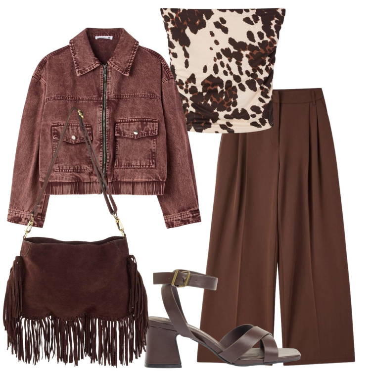 Outfit donna - Borsa con frange. Stile Casual chic per Scuola/Università. Abbinamento con borse a tracolla, sandali col tacco, top, pantaloni, bomber.