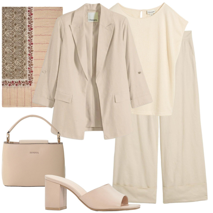 Outfit donna - Total look beige. Stile Casual chic per Tutti i giorni. Abbinamento con maglieria, blazer, pantaloni chino, sandali col tacco, borse a secchiello, sciarpe.