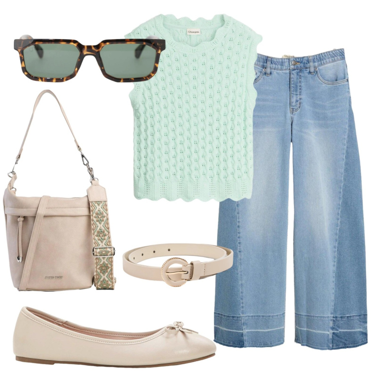 Outfit donna - Passeggiata a fine aprile. Stile Casual chic per Tutti i giorni. Abbinamento con canottiere, borse a tracolla, ballerine, jeans, cinture, occhiali da sole.