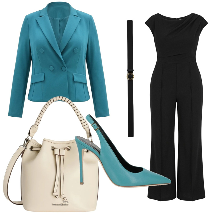 Outfit donna - Eleganza leggera. Stile Glamour per Tutti i giorni. Abbinamento con décolleté, blazer, tute, cinture, borse a secchiello.