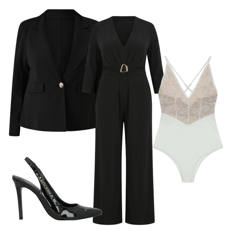 Outfit donna - Pizzo e nero curvy. Stile Chic per Cerimonia. Abbinamento con décolleté, body, blazer, tute.