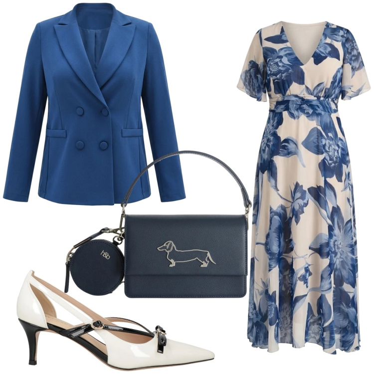Outfit donna - Un abito per aprile. Stile Chic per Cerimonia. Abbinamento con décolleté, blazer, vestiti lunghi, borse a tracolla.