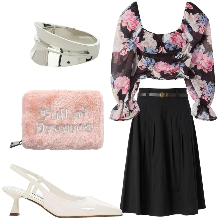 Outfit donna - Camicia a fiori. Stile Glamour per Tutti i giorni. Abbinamento con décolleté, bluse, portafogli, gonne longuette, braccialetti.