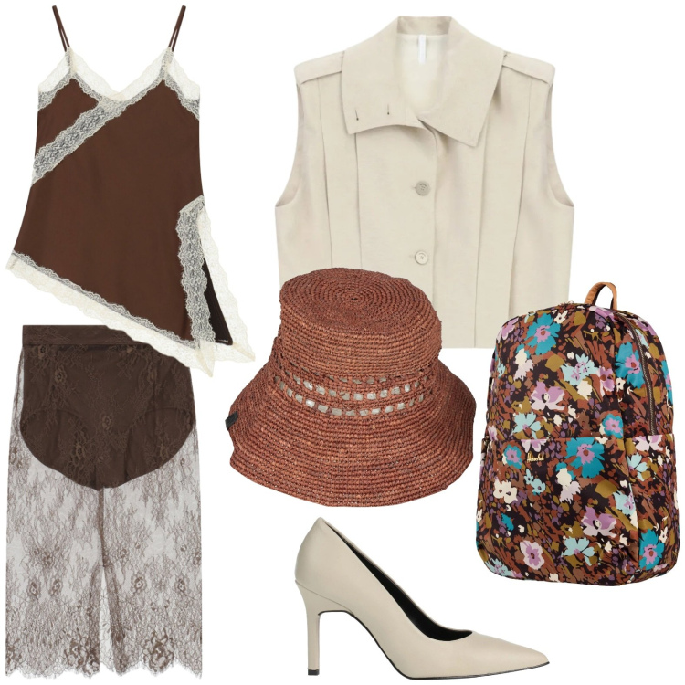 Outfit donna - Il gilet drappeggiato. Stile Casual chic per Tutti i giorni. Abbinamento con décolleté, valigie, cappelli con visiera, gonne longuette, gilet, canottiere.