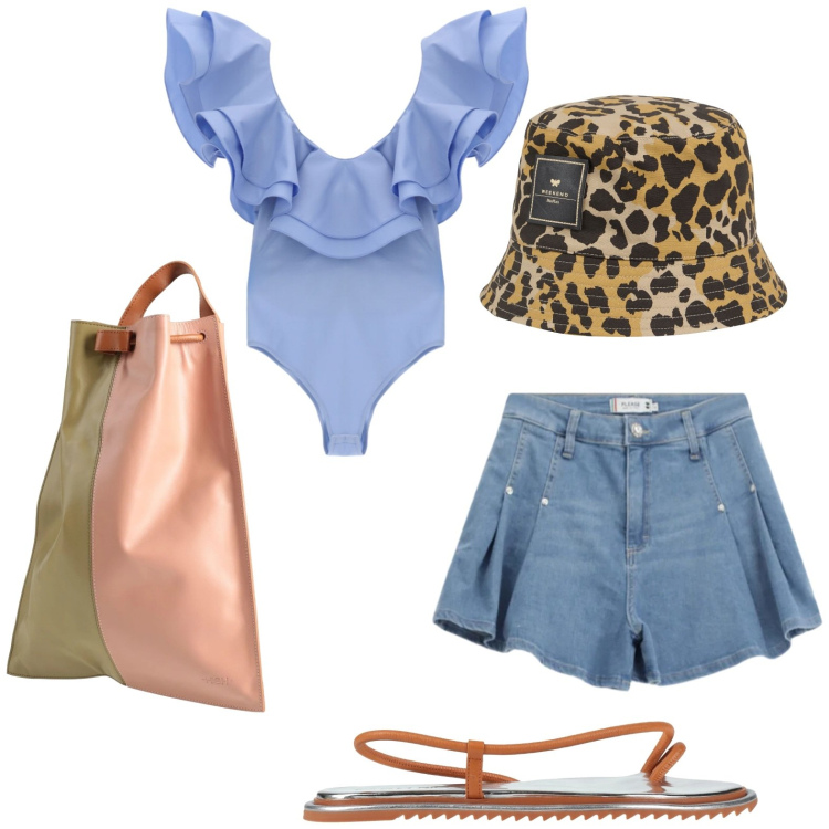 Outfit donna - Body con volant. Stile Minimal per Tutti i giorni. Abbinamento con cappelli, zaini, ciabatte, shorts, top.