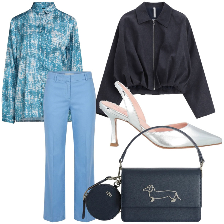 Outfit donna - Bomber navy. Stile Glamour per Tutti i giorni. Abbinamento con camicie, décolleté, bomber, borse a tracolla, pantaloni.