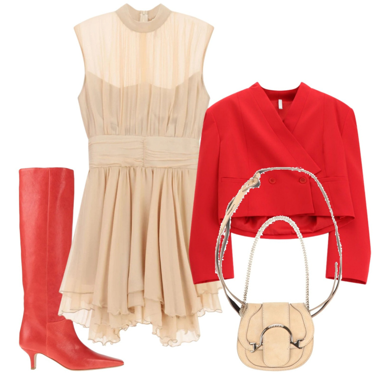 Outfit donna - Cerimonia. Stile Glamour per Cerimonia. Abbinamento con marsupi, stivali, vestiti corti, blazer.
