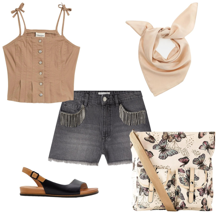 Outfit donna - Pic nic al lago. Stile Casual per Mare. Abbinamento con borse a tracolla, sandali, top, shorts, foulard.