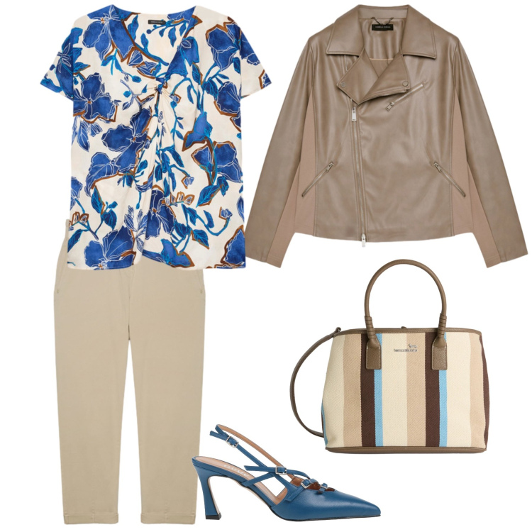 Outfit donna - Una mise elegante. Stile Casual chic per Ufficio. Abbinamento con décolleté, bluse, blazer, pantaloni, shopping bag.