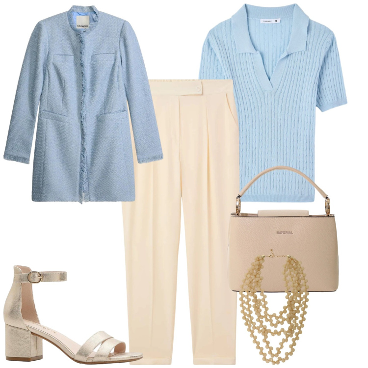 Outfit donna - City. Stile Urban per Tutti i giorni. Abbinamento con sandali col tacco, blazer, pantaloni chino, polo, collane, borse a secchiello.