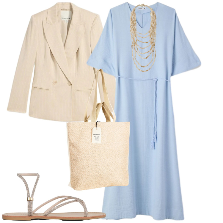 Outfit donna - City. Stile Urban per Tutti i giorni. Abbinamento con blazer, sandali, vestiti lunghi, collane, borse tote.