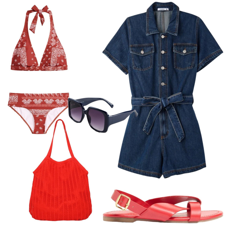 Outfit donna - Tutina denim corta. Stile Casual chic per Mare. Abbinamento con bikini, sandali, occhiali da sole, shopping bag, tuta corta.