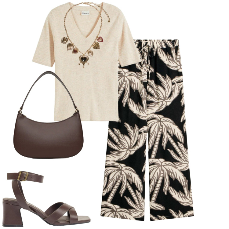 Outfit donna - City. Stile Casual chic per Tutti i giorni. Abbinamento con t-shirt, pantaloni, sandali col tacco, borse a tracolla, collane.