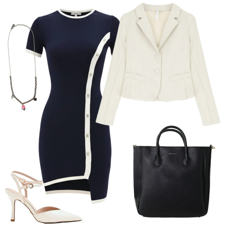 Outfit donna - Total look #2389038. Stile Casual chic per Ufficio. Abbinamento con blazer, borse a tracolla, décolleté, vestiti asimmetrici, ciondoli.