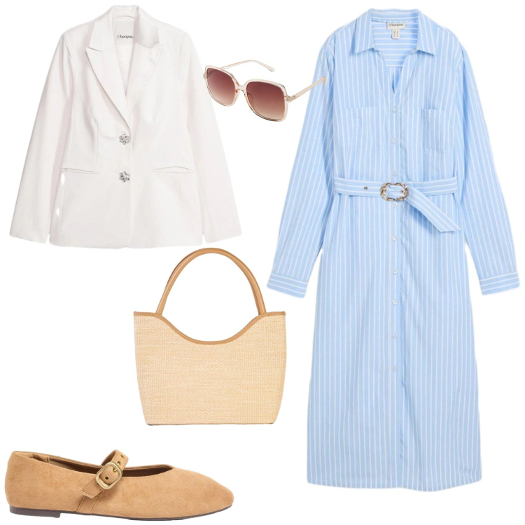 Outfit donna - Boho primavera. Stile Boho per Tutti i giorni. Abbinamento con vestiti chemisier, occhiali da sole, blazer, shopping bag, ballerine.