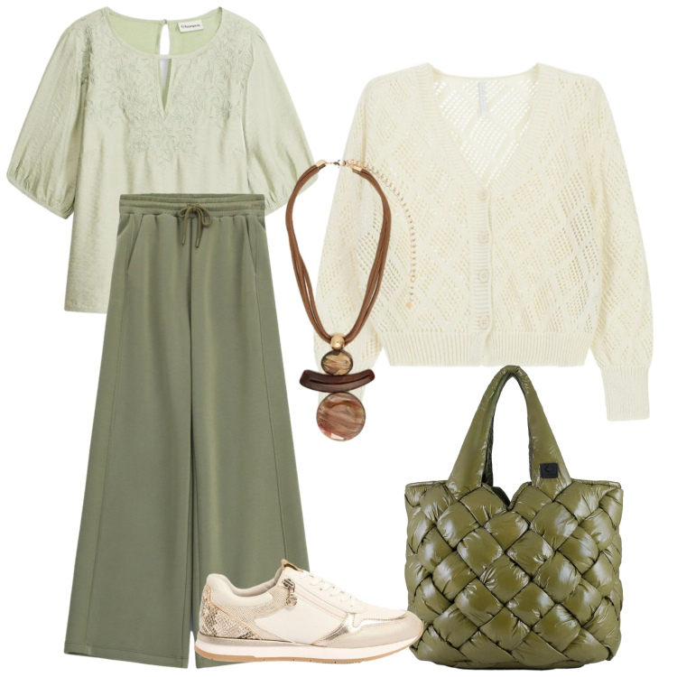 Outfit donna - Un weekend in relax. Stile Casual chic per Tutti i giorni. Abbinamento con sneakers, bluse, cardigans, pantaloni a palazzo, ciondoli, borse tote.