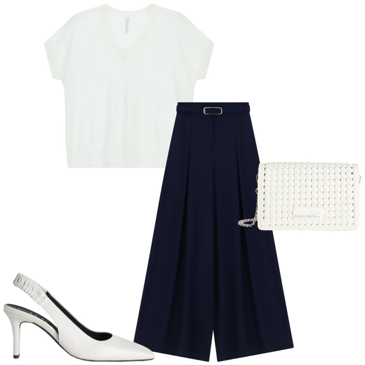 Outfit donna - Classico bianco e blu. Stile Casual chic per Serata fuori. Abbinamento con décolleté, maglieria, pantaloni a palazzo, borse a tracolla.