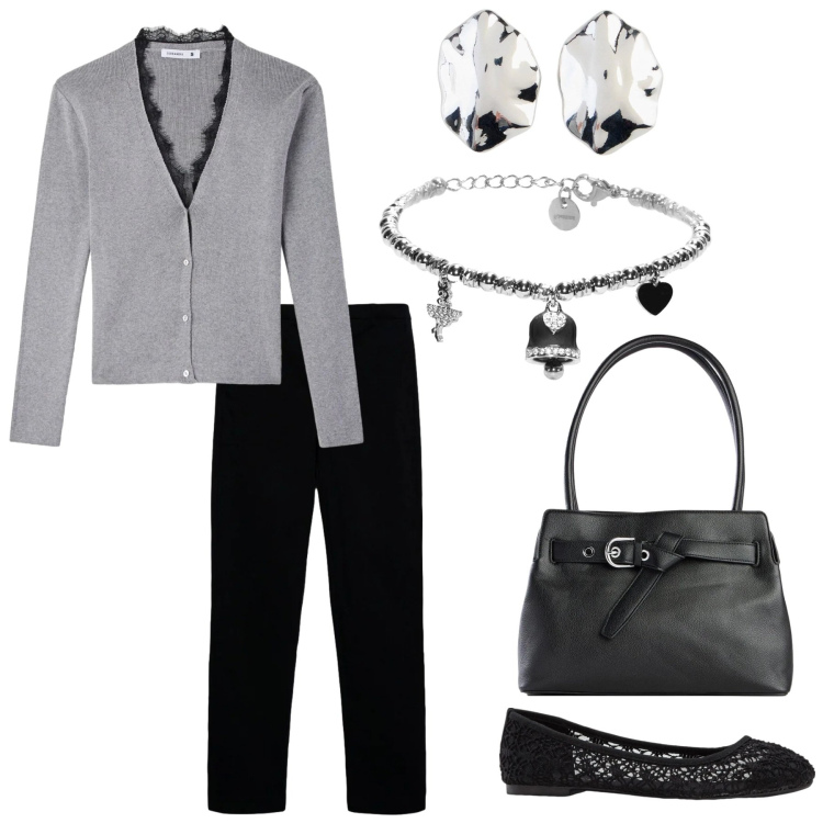 Outfit donna - In centro città. Stile Casual chic per Tutti i giorni. Abbinamento con ballerine, borse a mano, orecchini, pantaloni skinny, cardigans, braccialetti.