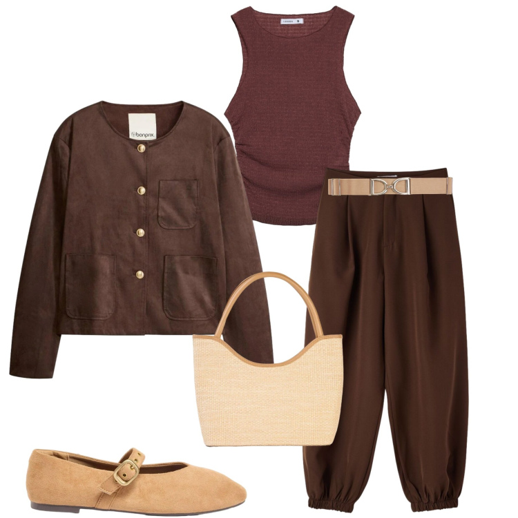 Outfit donna - Aprile. Stile Casual chic per Tutti i giorni. Abbinamento con blazer, shopping bag, ballerine, cinture, top, pantaloni.