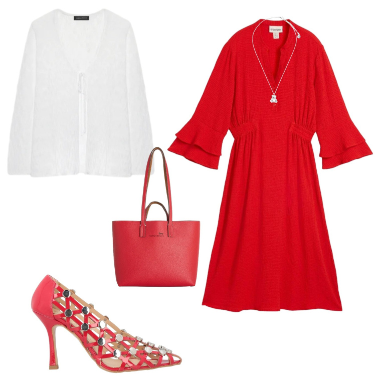 Outfit donna - Casual chic ufficio tempo libero. Stile Casual chic per Tutti i giorni. Abbinamento con décolleté, vestiti midi/longuette, cardigans, shopping bag, ciondoli.