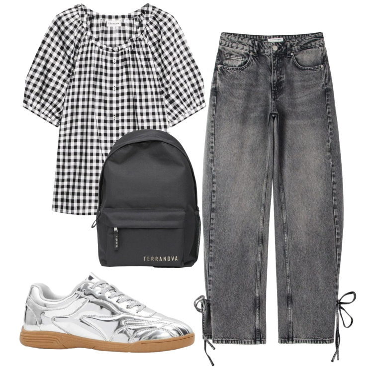 Outfit donna - Total look #2389049. Stile Casual per Tutti i giorni. Abbinamento con bluse, sneakers, zaini, jeans.