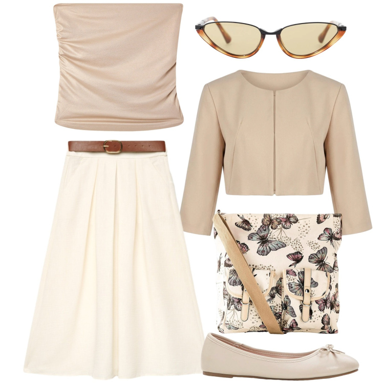 Outfit donna - Panna e caramello. Stile Casual per Tutti i giorni. Abbinamento con borse a tracolla, ballerine, top, gonne lunghe, occhiali da sole, bolero.