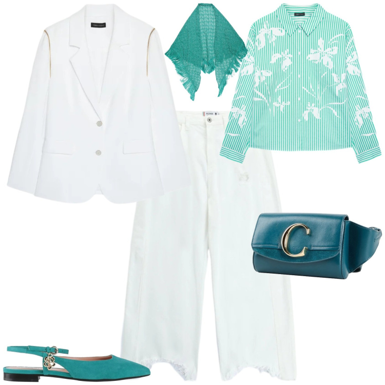 Outfit donna - Casual chic ufficio tempo libero. Stile Casual chic per Tutti i giorni. Abbinamento con marsupi, ballerine, stole, pantaloni a palazzo, camicie, blazer.
